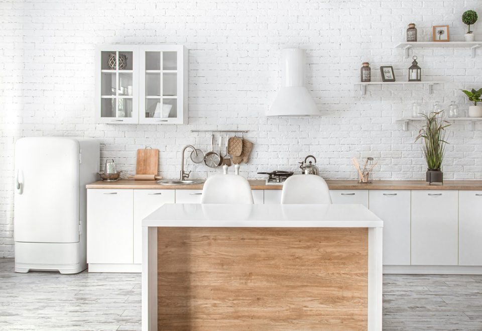 Modern stylish Scandinavian kitchen interior with kitchen accessories.